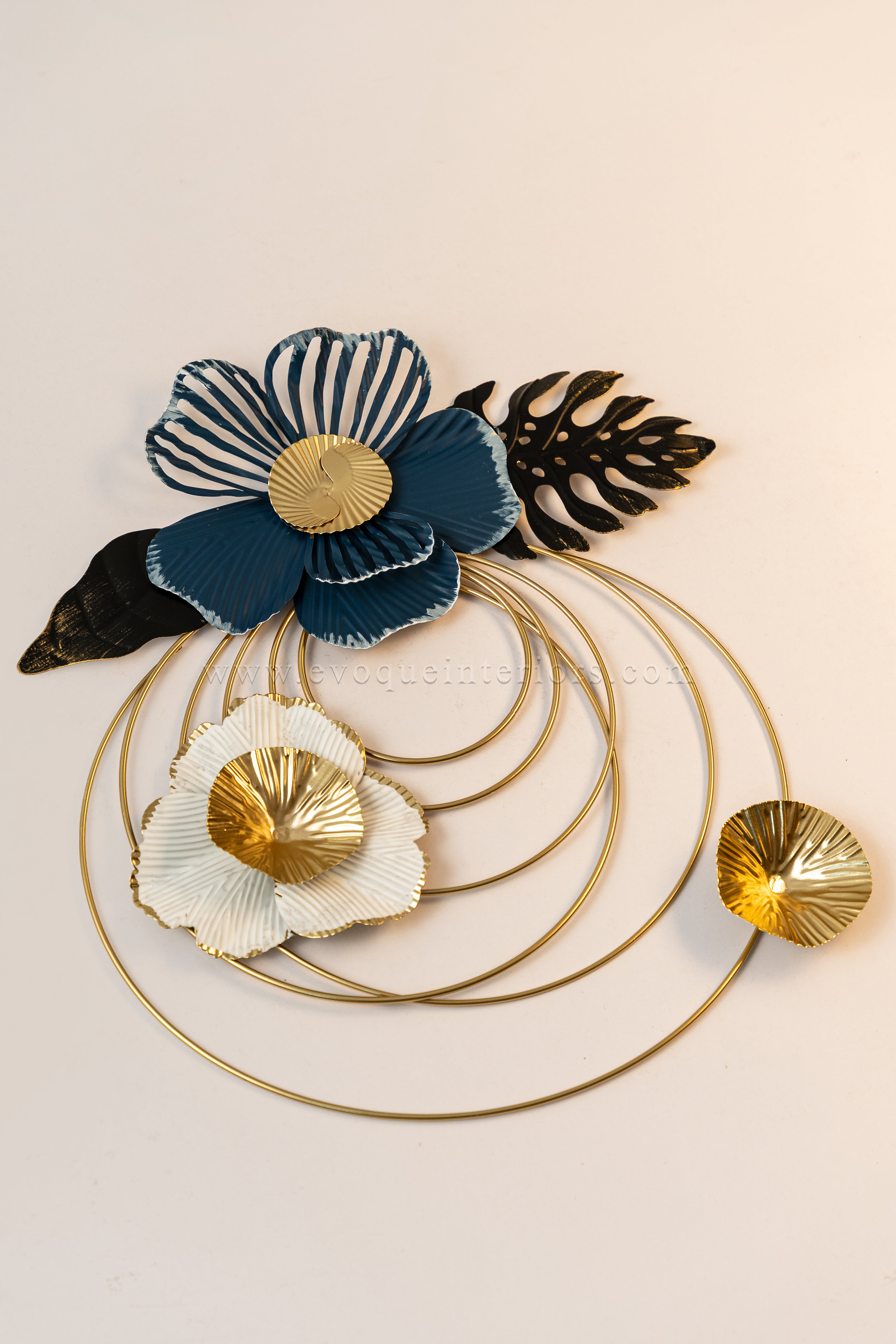 Round Blue Wall Element with Black & White Flowers-WA42