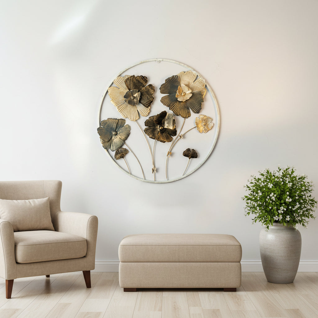 Round Metal Floral Wall Art – Gold & White Finish-WA38