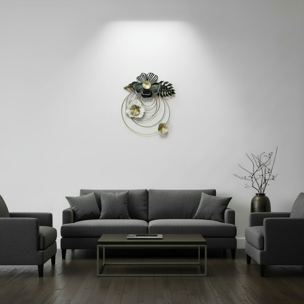 Round Golden Wall Element with Black & White Flowers-WA20