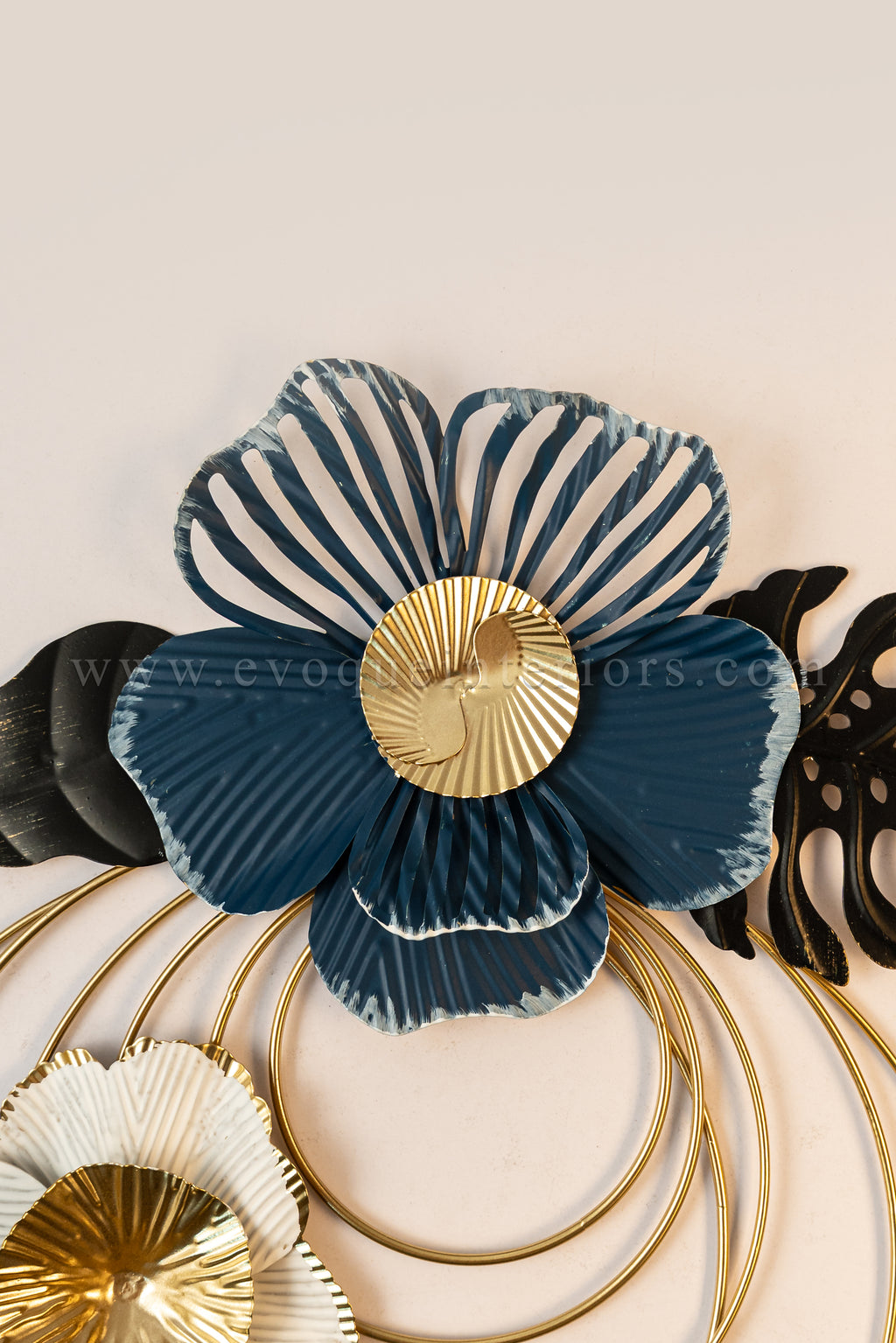 Round Blue Wall Element with Black & White Flowers-WA42