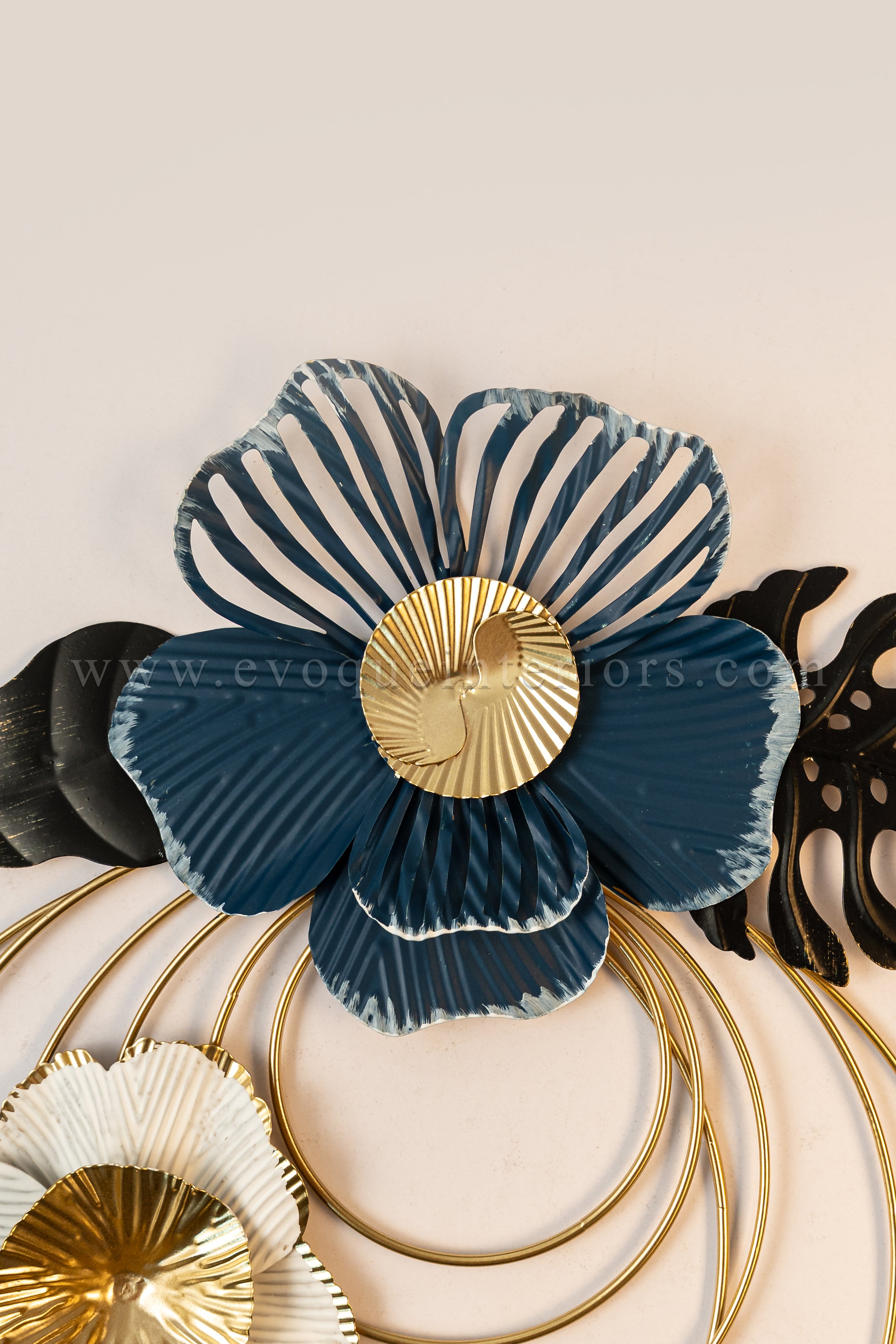 Round Blue Wall Element with Black & White Flowers-WA42