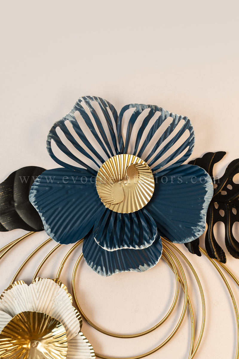 Round Blue Wall Element with Black & White Flowers-WA42