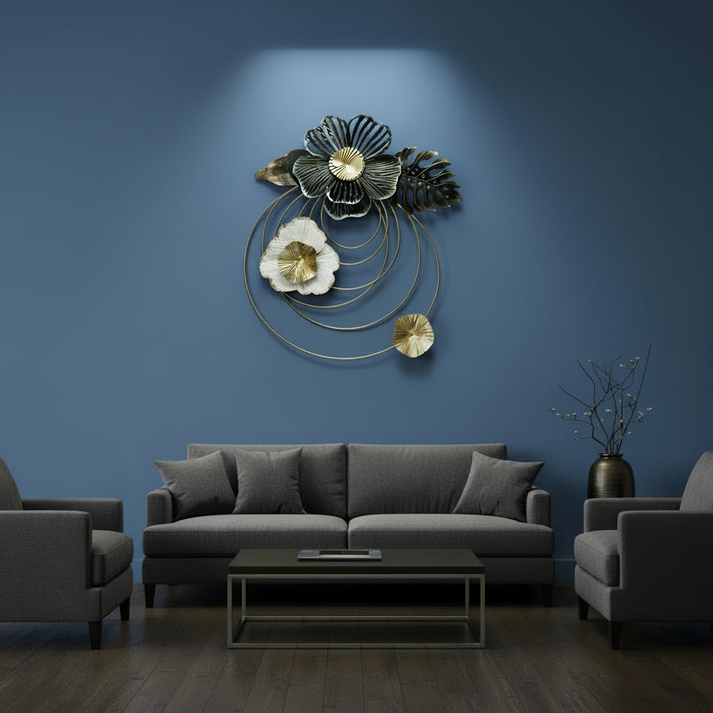 Round Golden Wall Element with Black & White Flowers-WA20
