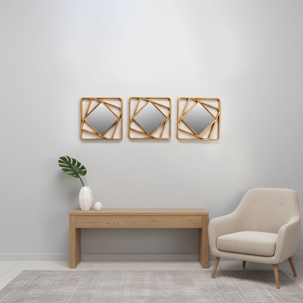 3 Geometric Gold Wall Mirrors-WM2