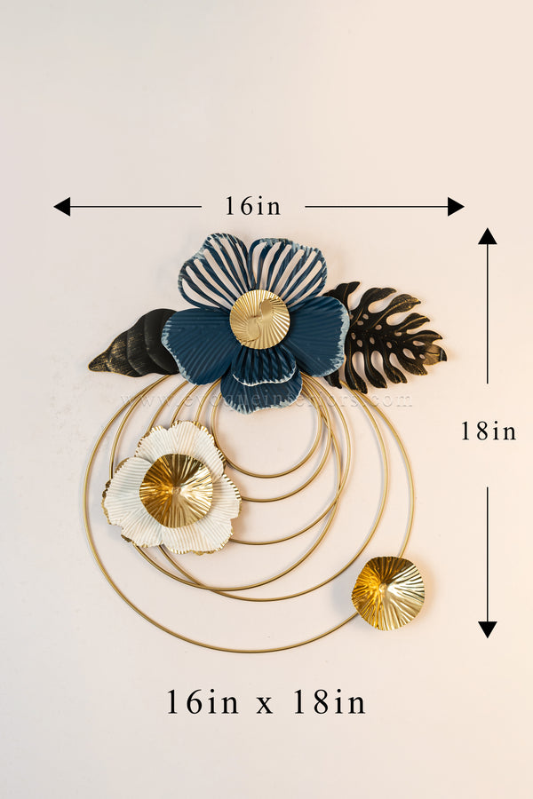 Round Blue Wall Element with Black & White Flowers-WA42