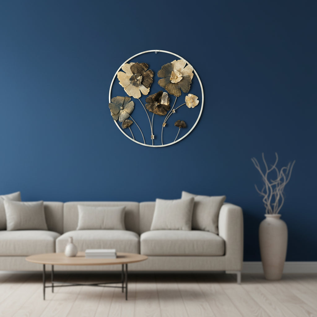 Round Metal Floral Wall Art – Gold & White Finish-WA38