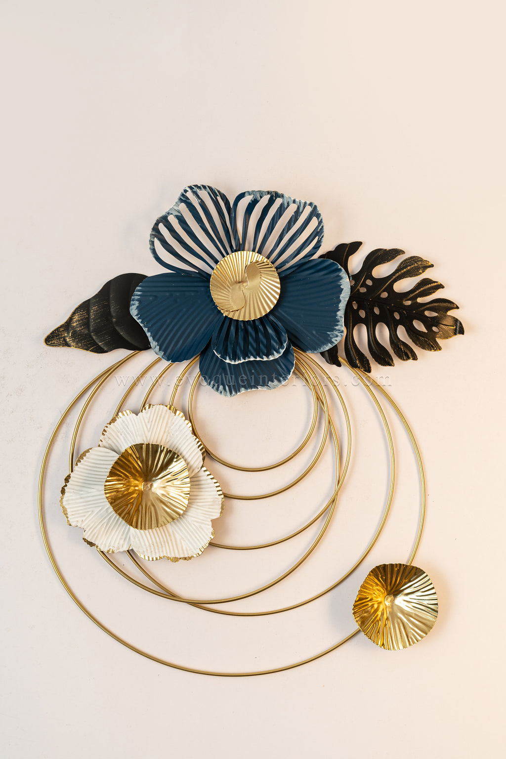 Round Blue Wall Element with Black & White Flowers-WA42