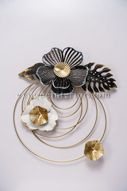 Round Golden Wall Element with Black & White Flowers-WA20