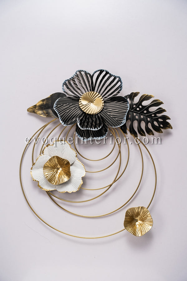 Round Golden Wall Element with Black & White Flowers-WA20