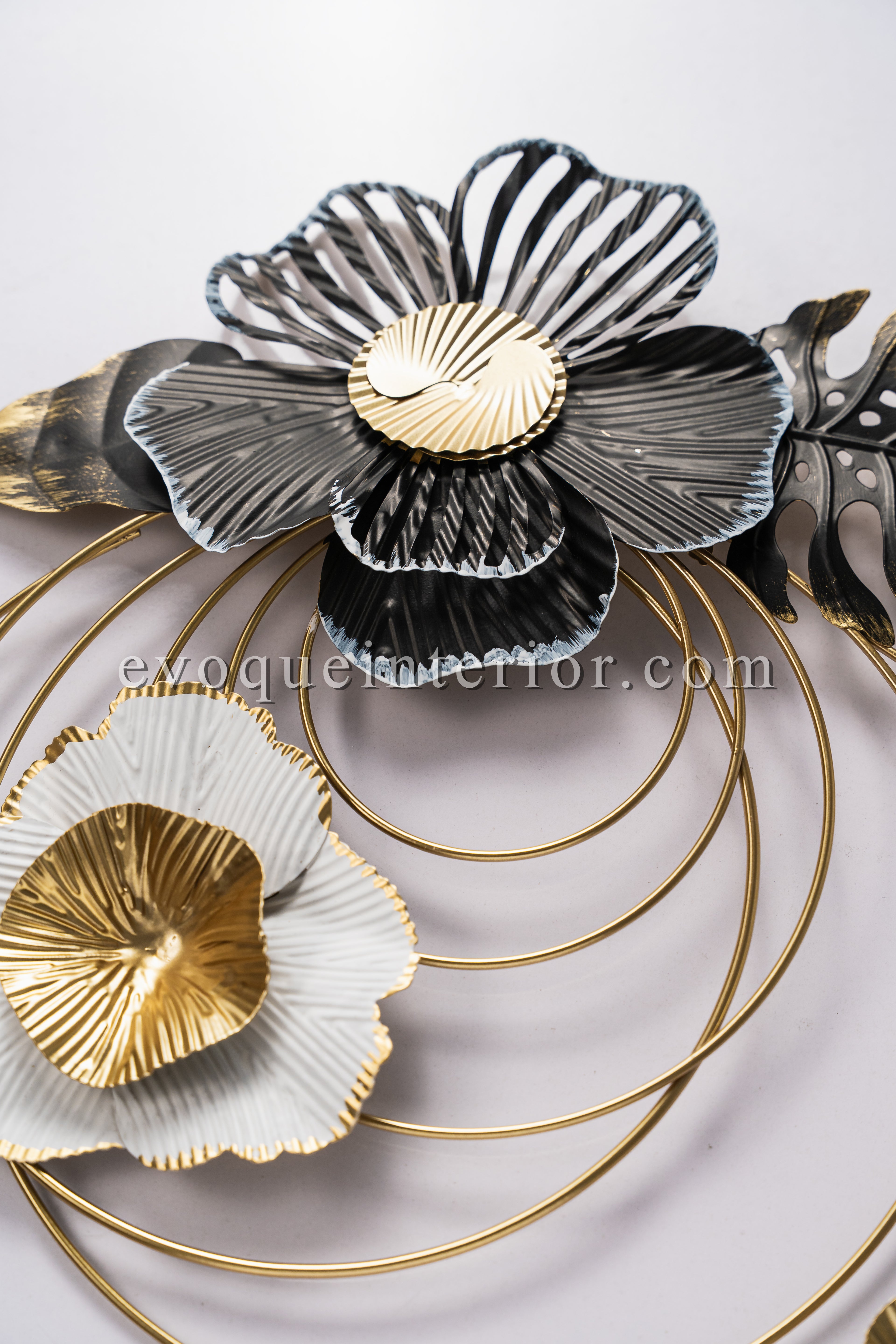 Round Golden Wall Element with Black & White Flowers-WA20