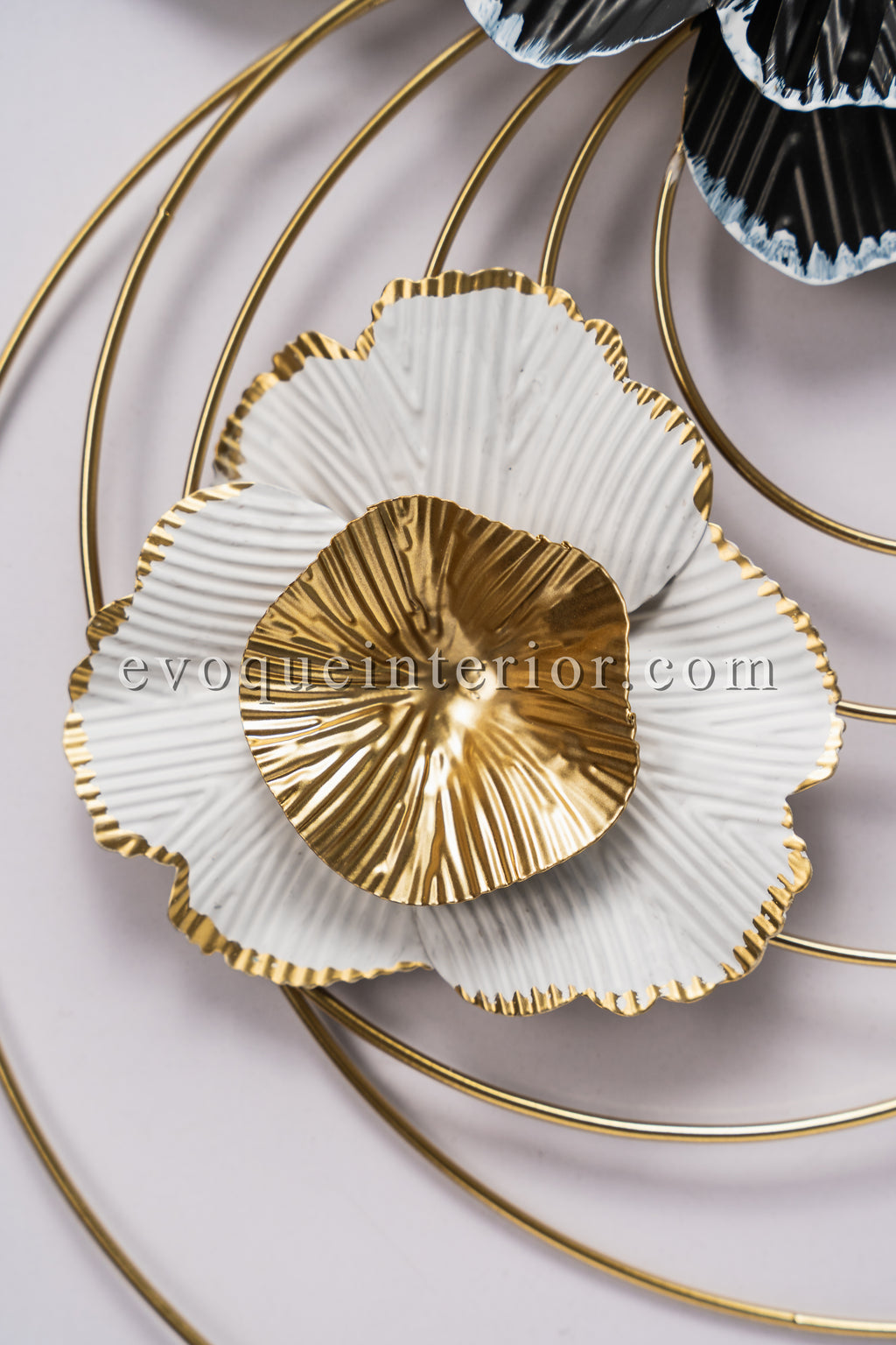 Round Golden Wall Element with Black & White Flowers-WA20