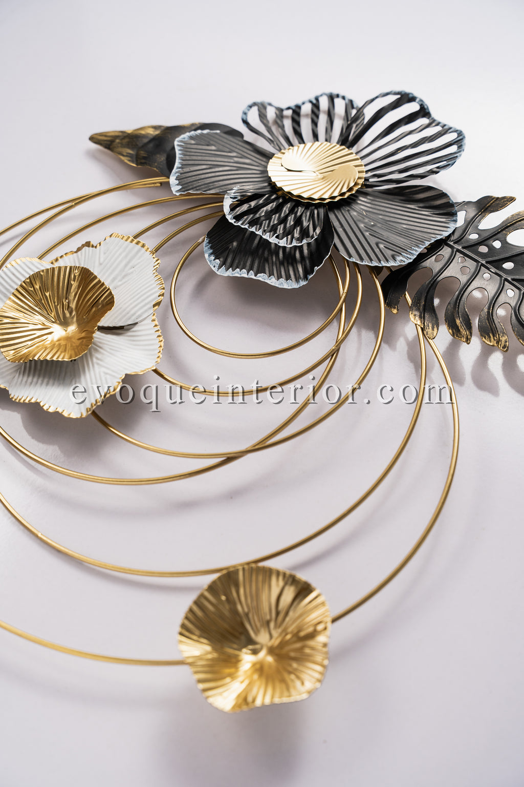 Round Golden Wall Element with Black & White Flowers-WA20