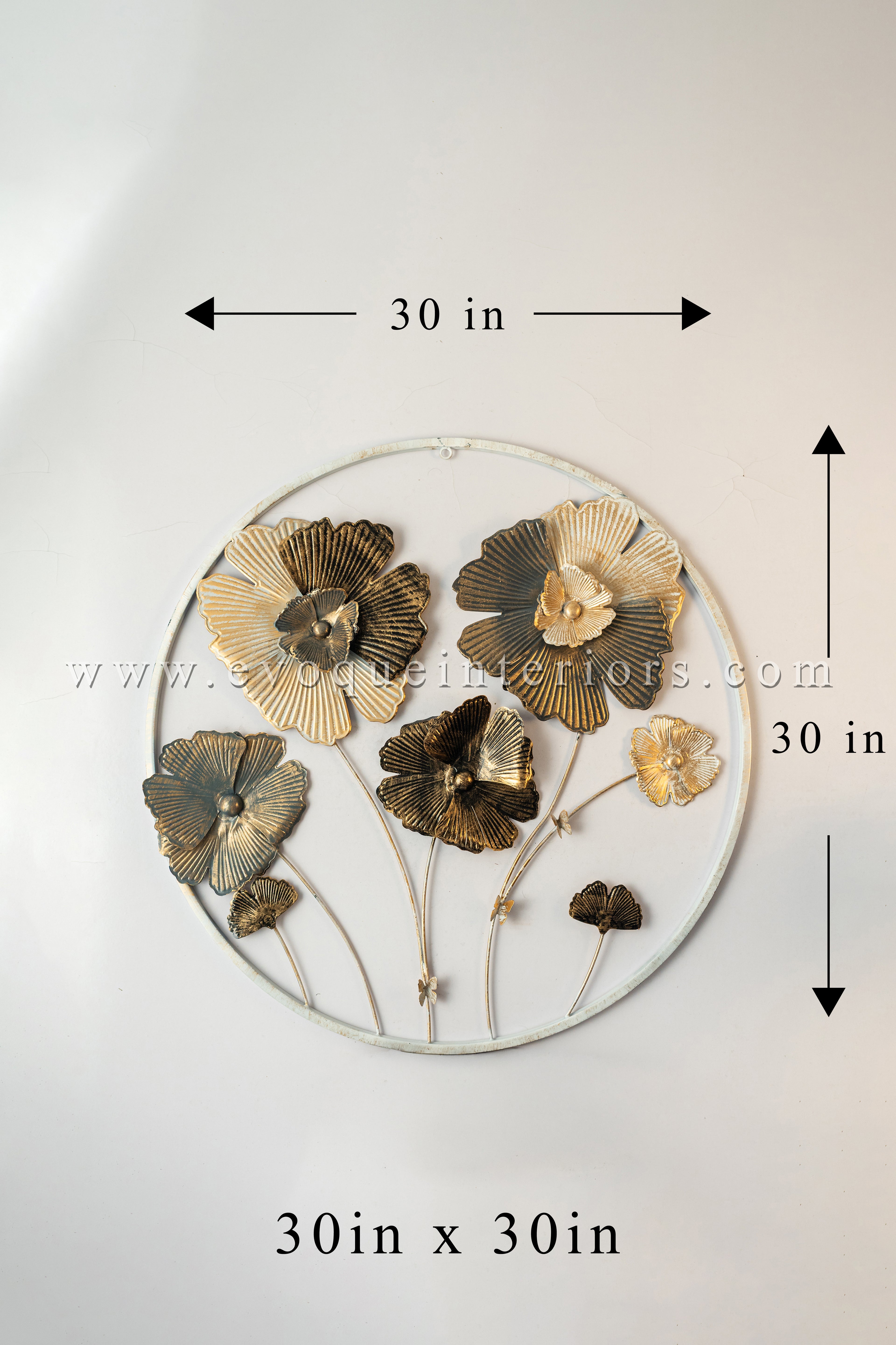 Round Metal Floral Wall Art – Gold & White Finish-WA38