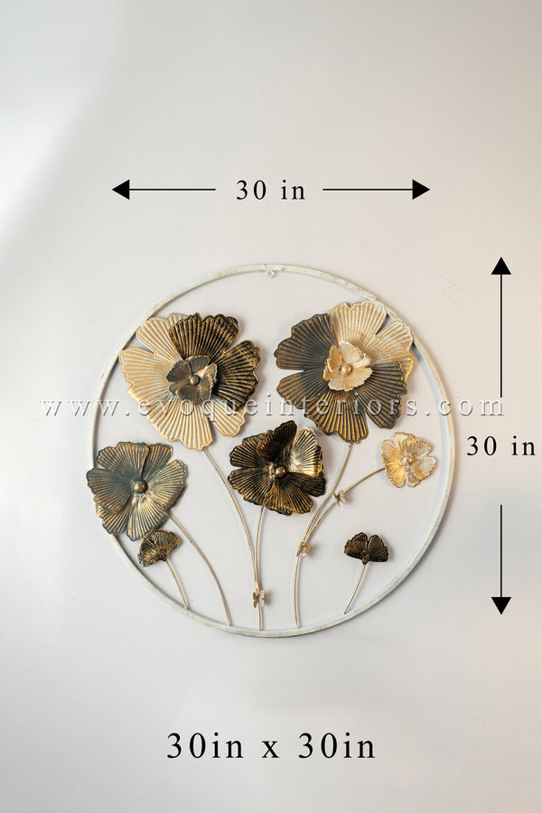 Round Metal Floral Wall Art – Gold & White Finish-WA38