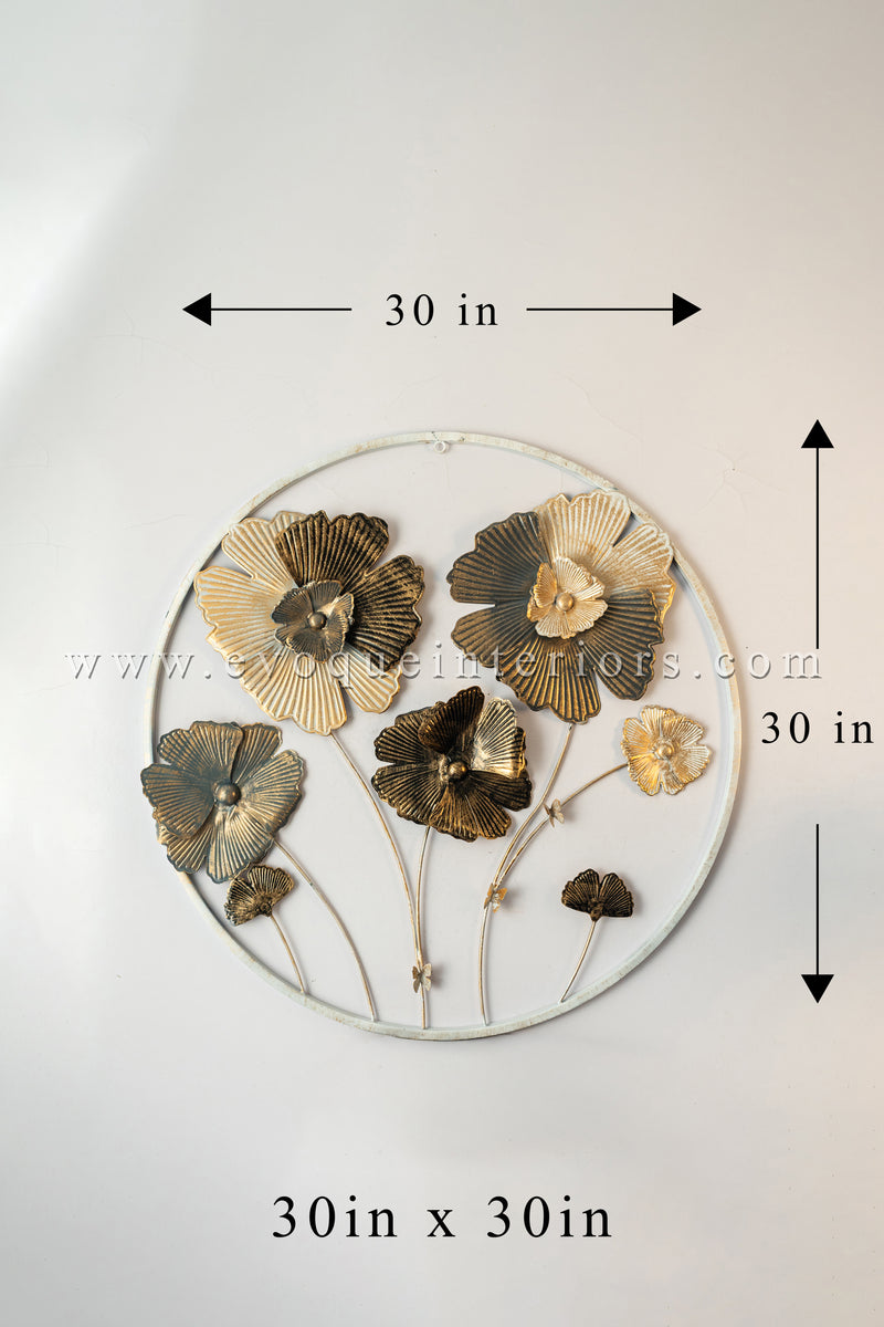 Round Metal Floral Wall Art – Gold & White Finish-WA38