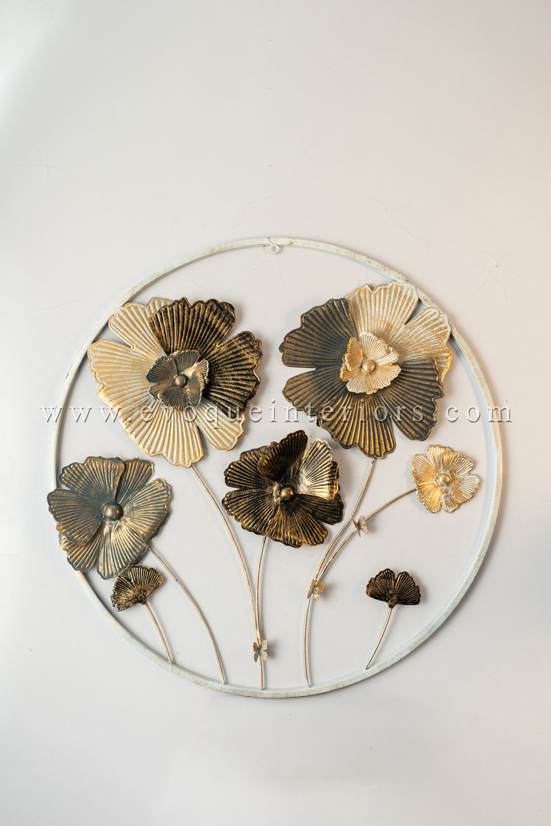 Round Metal Floral Wall Art – Gold & White Finish-WA38