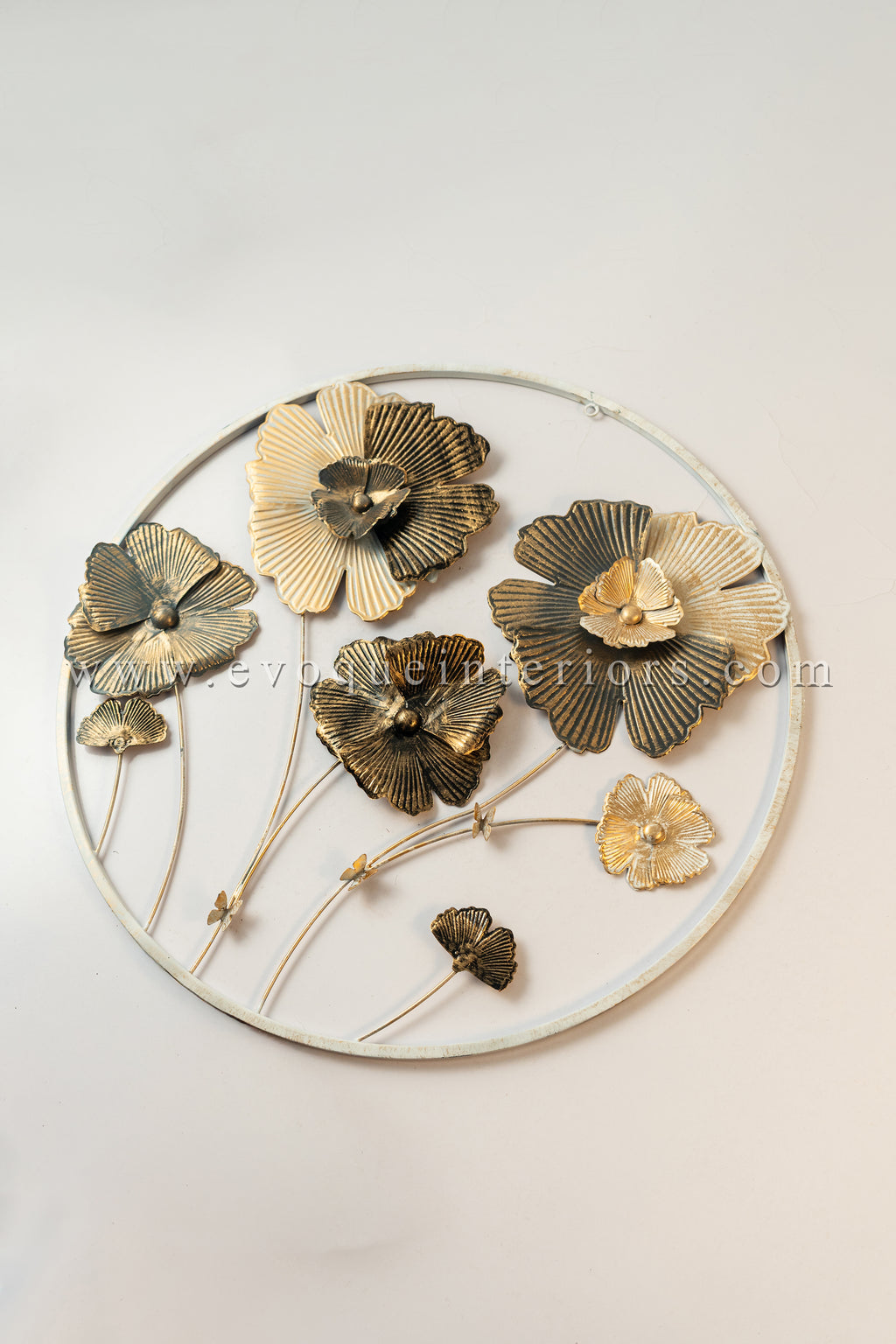 Round Metal Floral Wall Art – Gold & White Finish-WA38