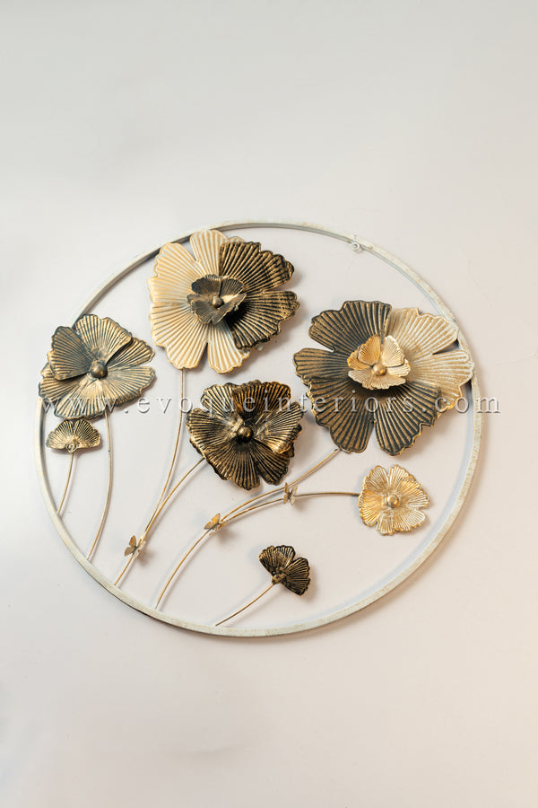Round Metal Floral Wall Art – Gold & White Finish-WA38