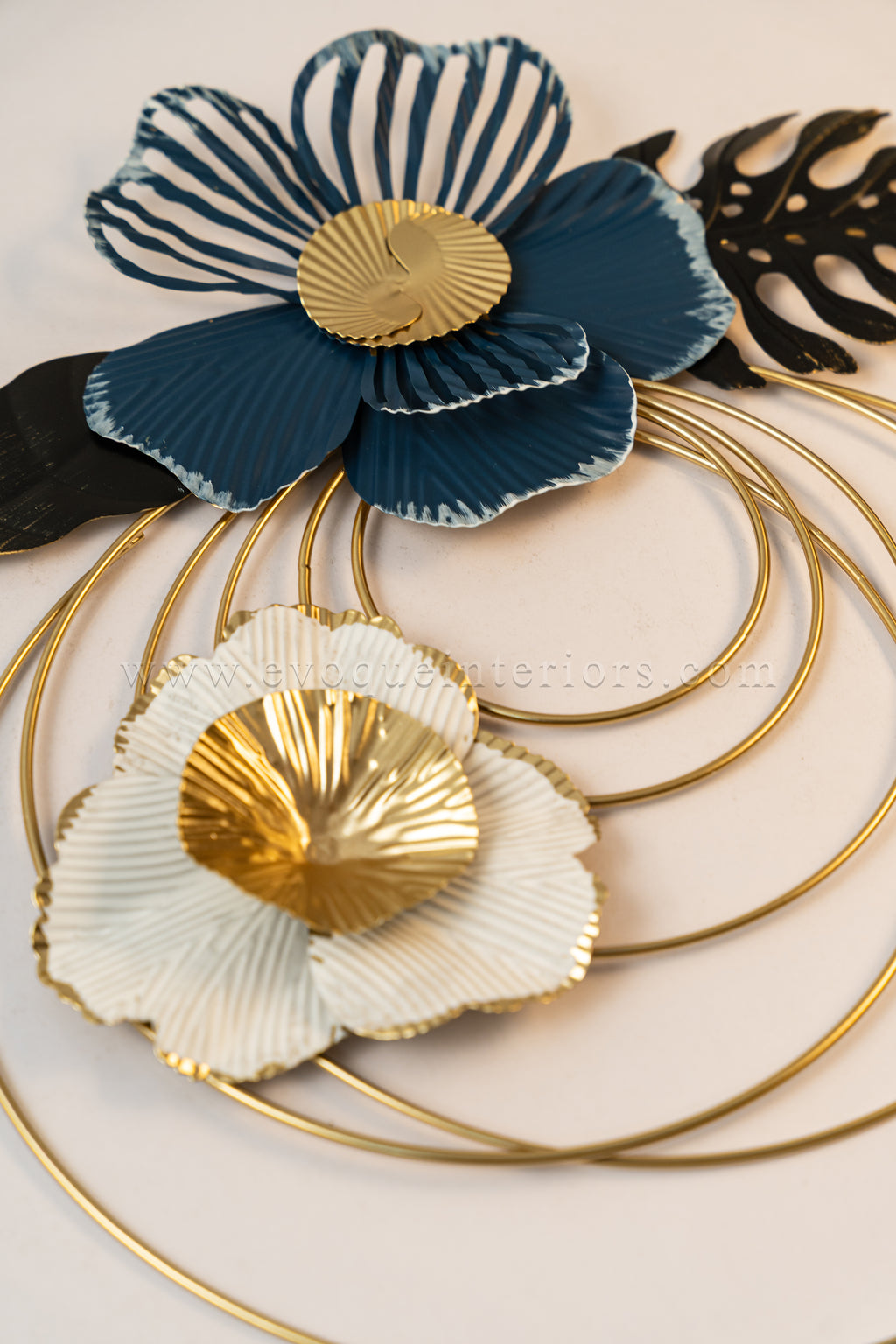 Round Blue Wall Element with Black & White Flowers-WA42