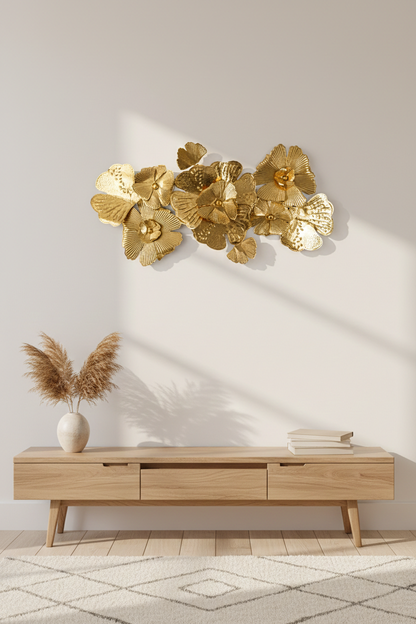 Golden Bloom Metal Wall Art Sculpture – Handcrafted Floral Design (45" x 24")-WA52