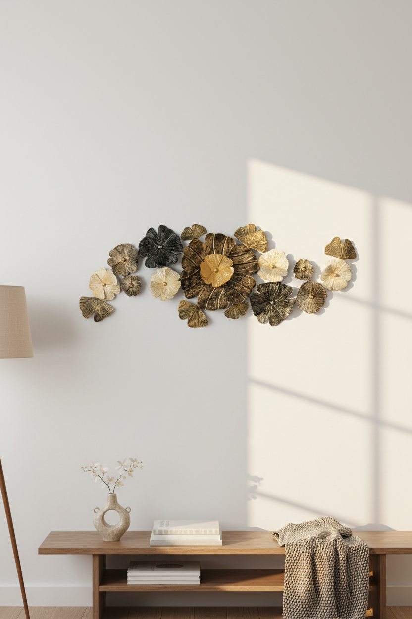 Metal Floral Wall Art – Gold & Black (60" x 23")-WA50