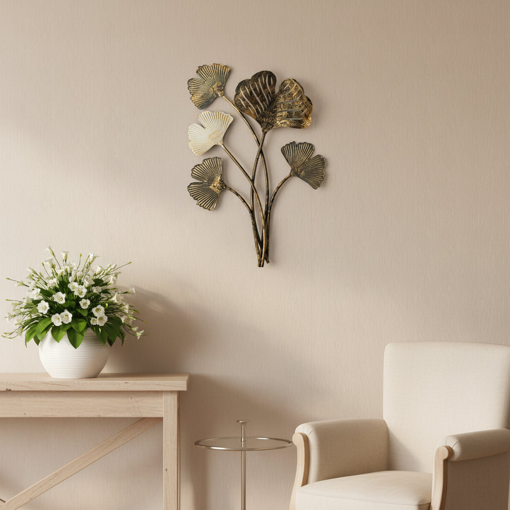 Metal Leaf Wall Art Gold & White Finish-WA36