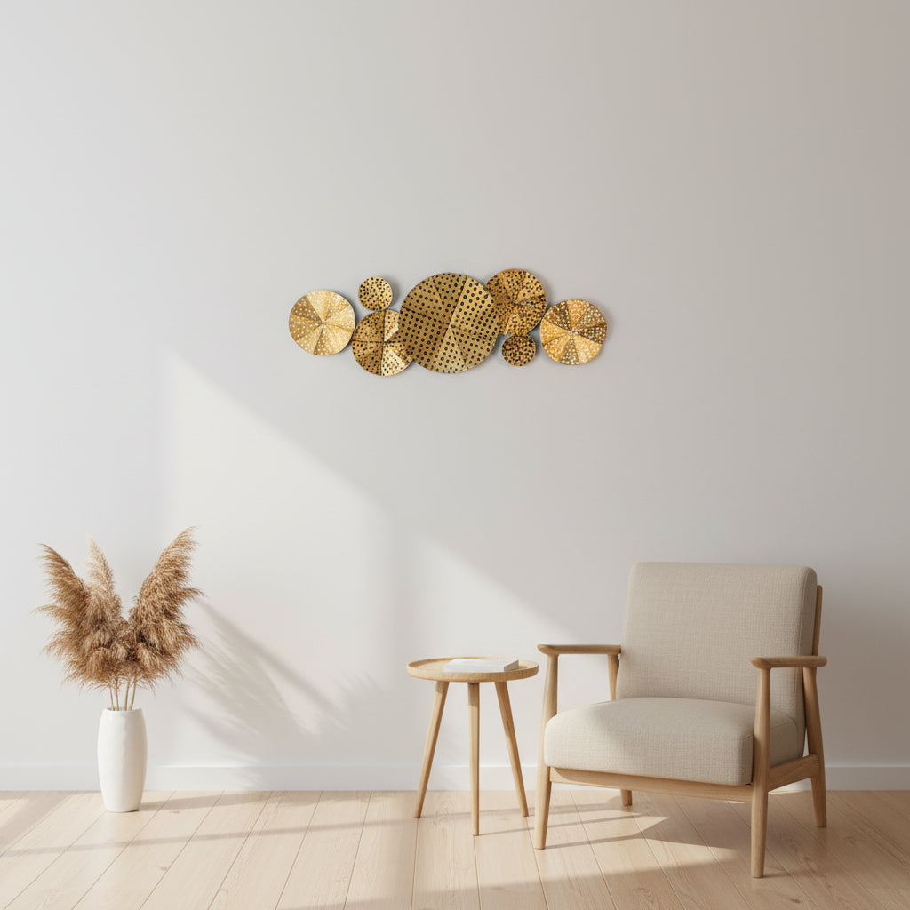 Solar Bloom Metal Wall Art – Perforated Gold Disc Cluster-WA47
