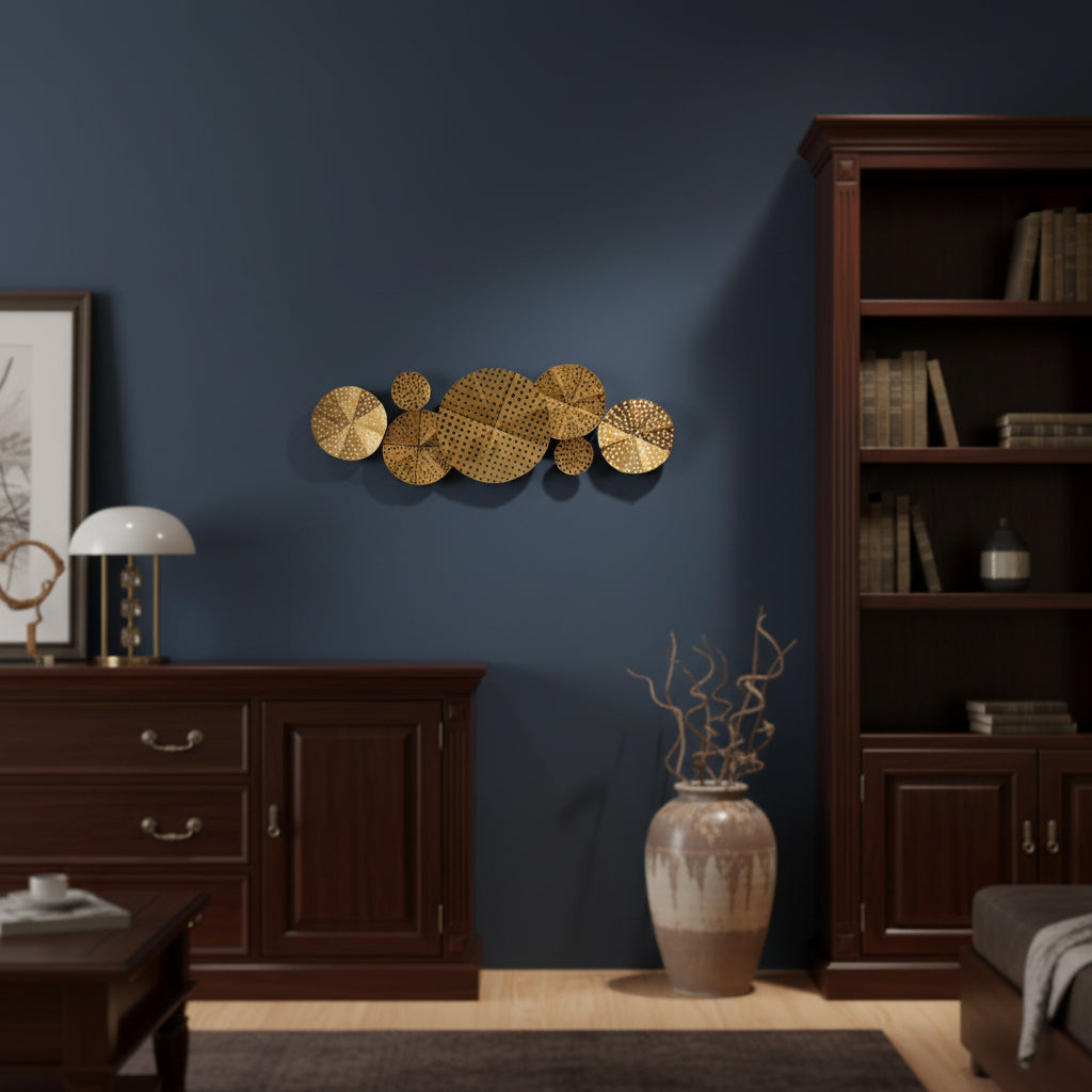 Solar Bloom Metal Wall Art – Perforated Gold Disc Cluster-WA47