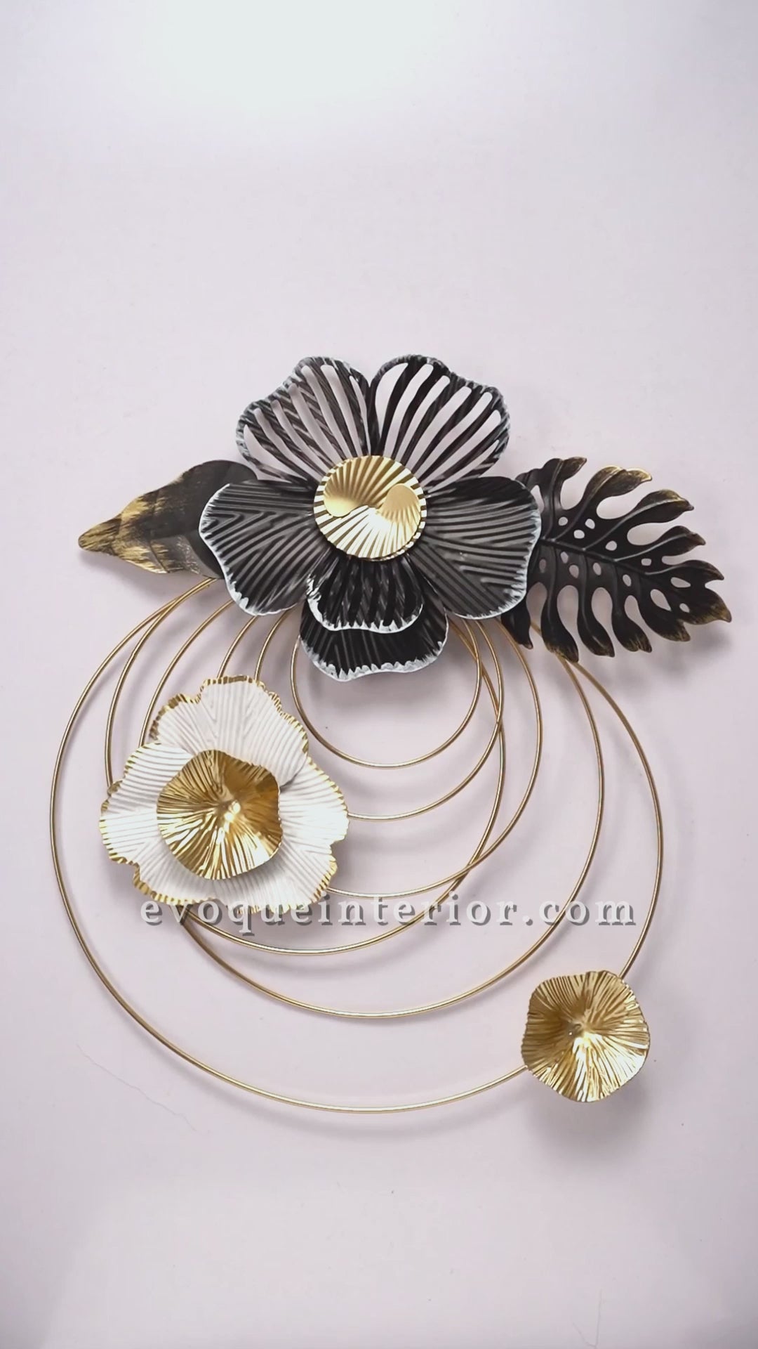 Round Golden Wall Element with Black & White Flowers-WA20